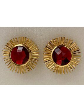 Robert Rose Vtg Goldtone Sunburst Red Faceted Crystal Clip Earrings Statement